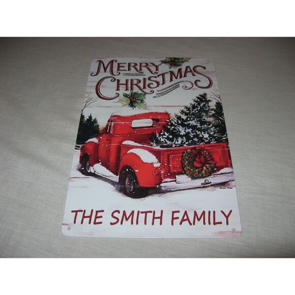 Merry Christmas The Smith Family 8" x 12" Tin Metal Sign Wall Plaque Tree Truck - Picture 1 of 2